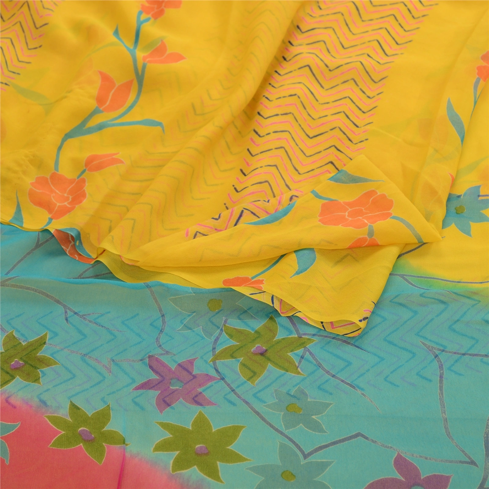 Sanskriti Vintage Yellow Sarees Pure Georgette Silk Printed Sari Craft Fabric, PRG-11208-Yellow-Printed Floral Design-Pure Georgette Silk-8