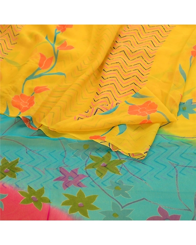 Sanskriti Vintage Yellow Sarees Pure Georgette Silk Printed Sari Craft Fabric, PRG-11208-Yellow-Printed Floral Design-Pure Georgette Silk-8