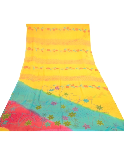 Sanskriti Vintage Yellow Sarees Pure Georgette Silk Printed Sari Craft Fabric, PRG-11208-Yellow-Printed Floral Design-Pure Georgette Silk-9