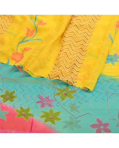 Sanskriti Vintage Yellow Sarees Pure Georgette Silk Printed Sari Craft Fabric, PRG-11208-Yellow-Printed Floral Design-Pure Georgette Silk-10