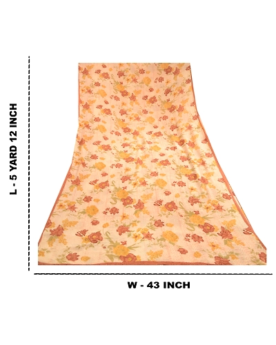 Sanskriti Vintage Cream Sarees Pure Georgette Silk Printed Sari 5Yd Craft Fabric, PRG-11259-Cream-Printed Floral Design-Pure Georgette Silk-3
