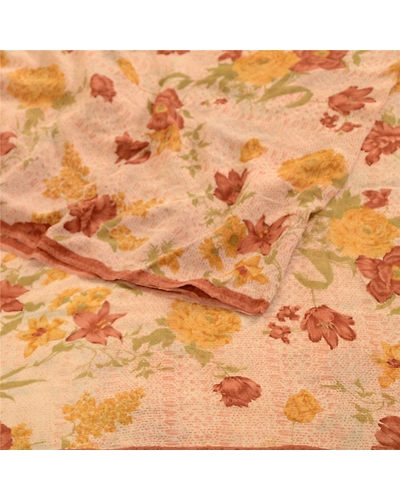 Sanskriti Vintage Cream Sarees Pure Georgette Silk Printed Sari 5Yd Craft Fabric, PRG-11259-Cream-Printed Floral Design-Pure Georgette Silk-7