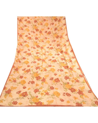 Sanskriti Vintage Cream Sarees Pure Georgette Silk Printed Sari 5Yd Craft Fabric, PRG-11259-Cream-Printed Floral Design-Pure Georgette Silk-8