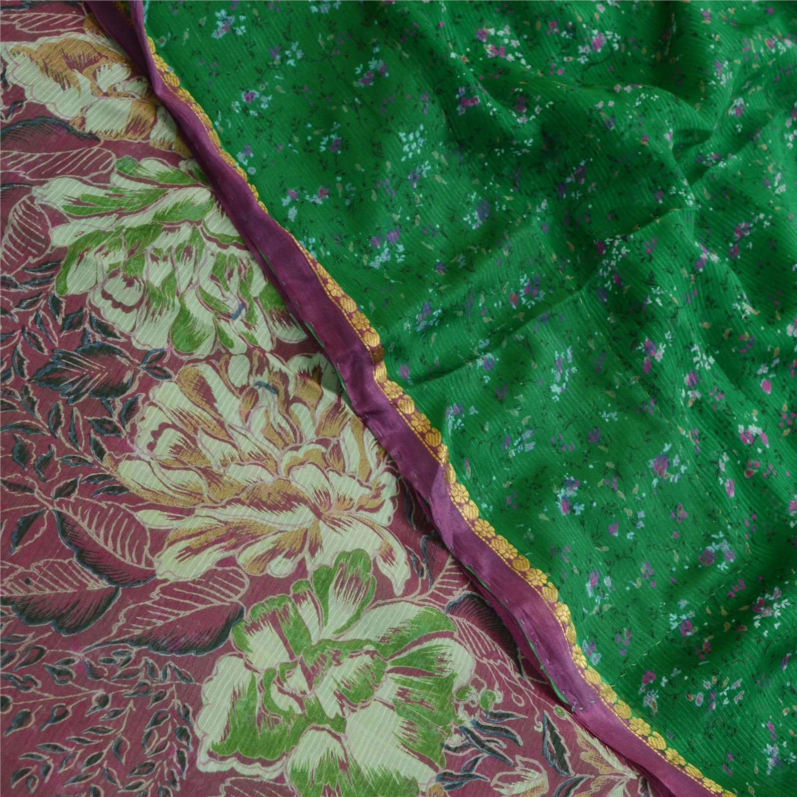 Sanskriti Vintage Green Sarees Pure Chiffon Silk Printed Zari Border Sari Fabric, PRG-11262-Green-Printed Floral Design-Pure Chiffon Silk-1