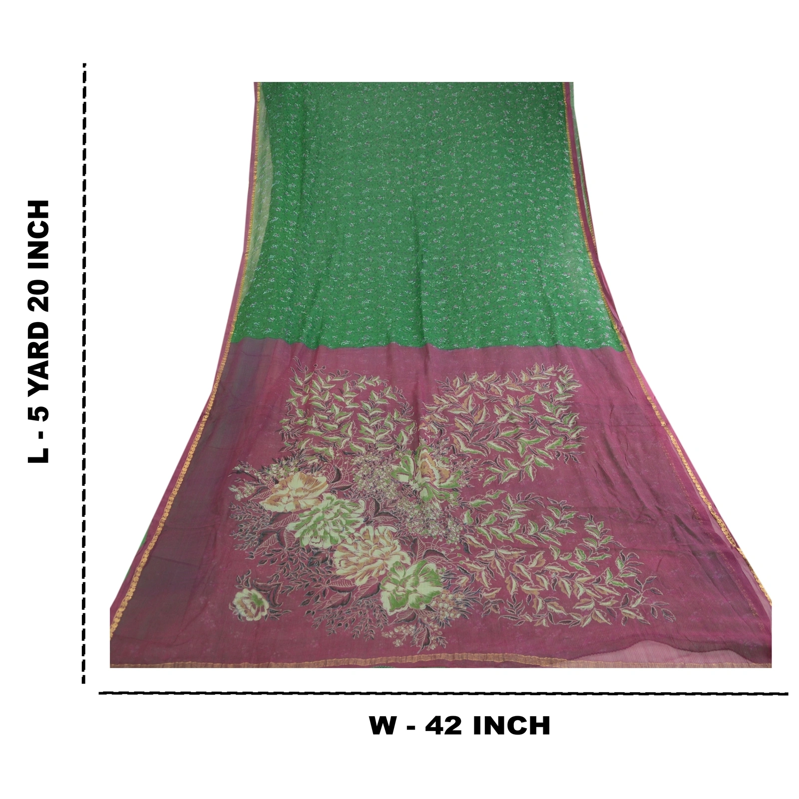 Sanskriti Vintage Green Sarees Pure Chiffon Silk Printed Zari Border Sari Fabric, PRG-11262-Green-Printed Floral Design-Pure Chiffon Silk-3