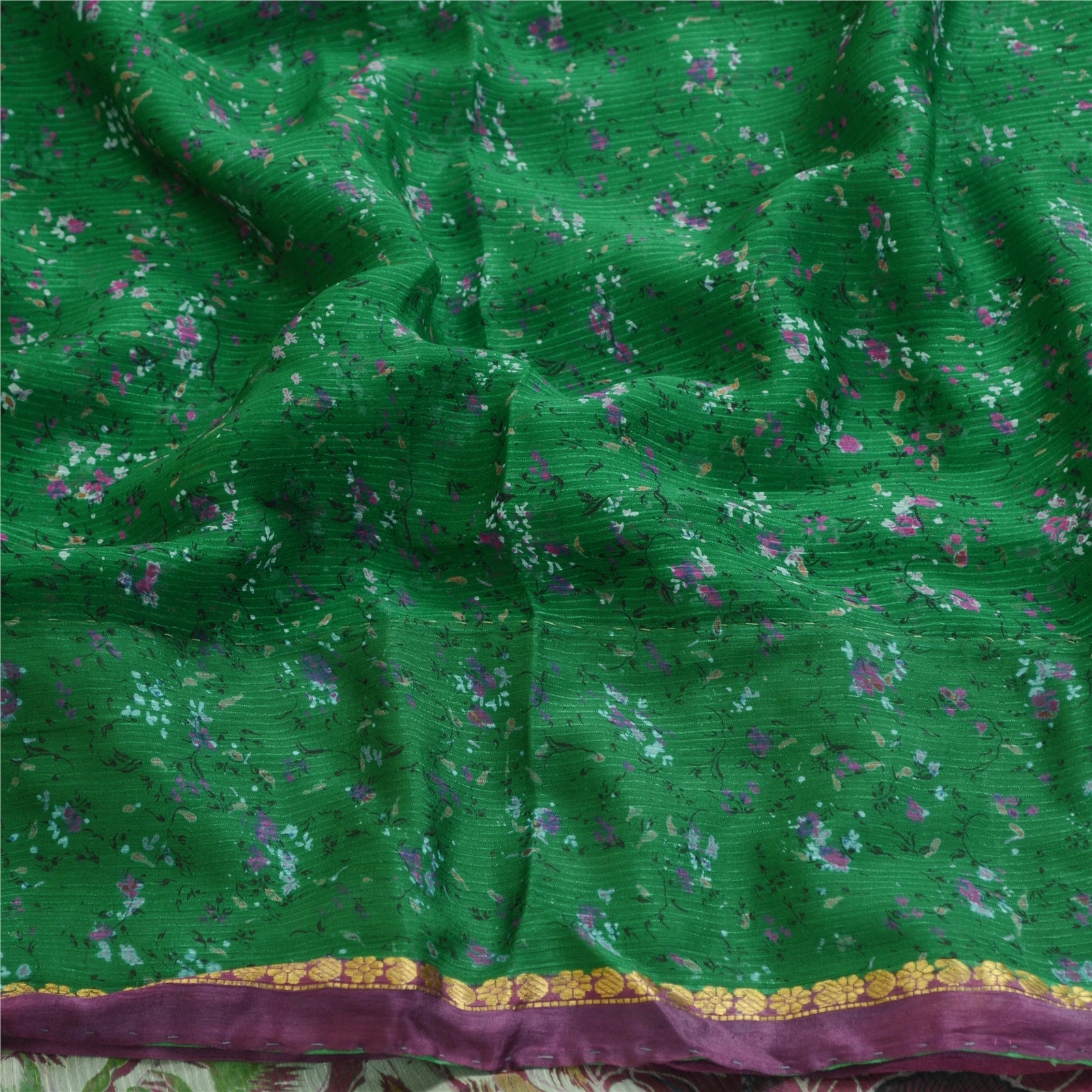 Sanskriti Vintage Green Sarees Pure Chiffon Silk Printed Zari Border Sari Fabric, PRG-11262-Green-Printed Floral Design-Pure Chiffon Silk-6