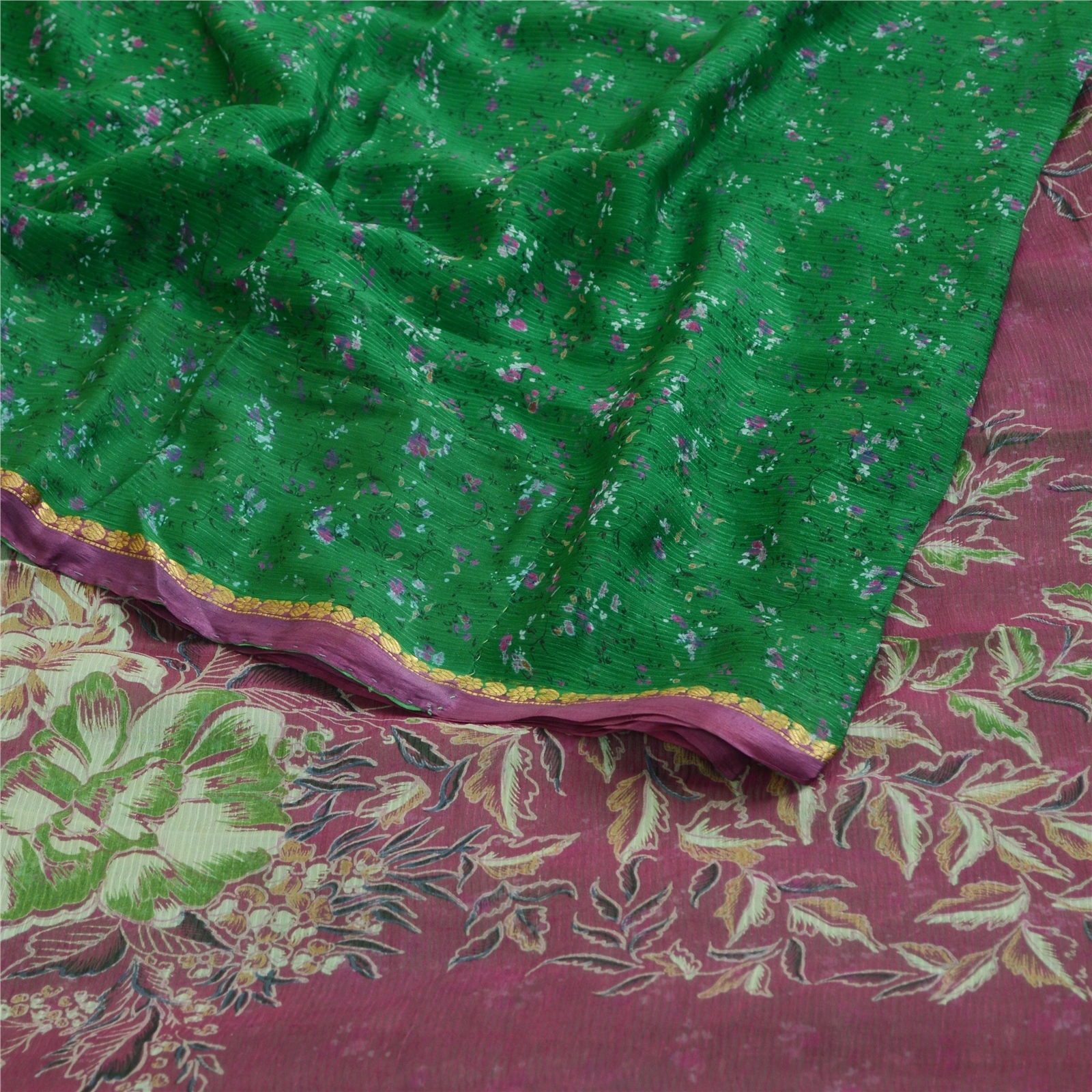 Sanskriti Vintage Green Sarees Pure Chiffon Silk Printed Zari Border Sari Fabric, PRG-11262-Green-Printed Floral Design-Pure Chiffon Silk-7