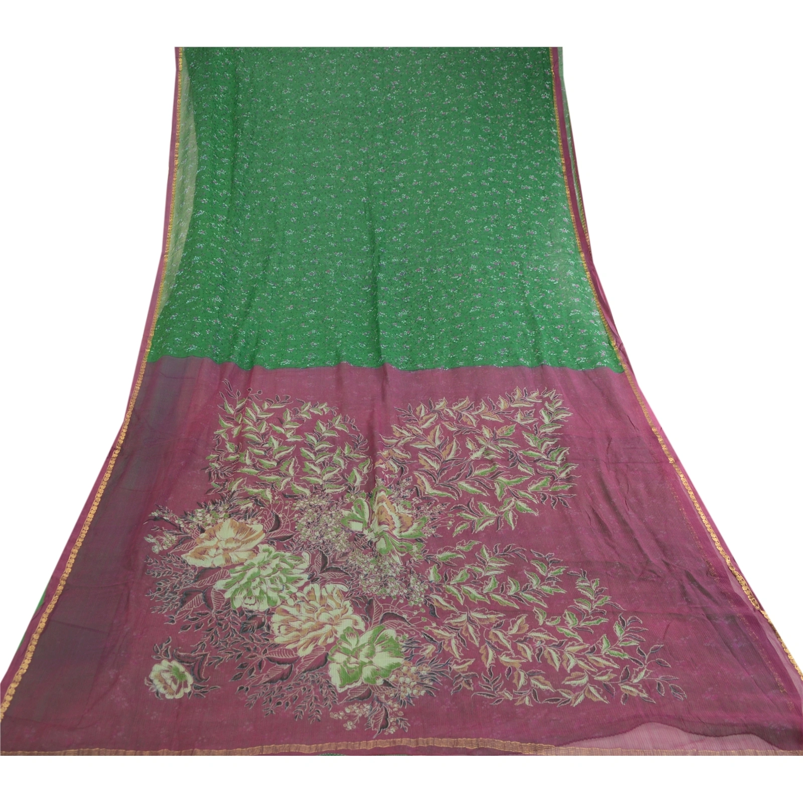 Sanskriti Vintage Green Sarees Pure Chiffon Silk Printed Zari Border Sari Fabric, PRG-11262-Green-Printed Floral Design-Pure Chiffon Silk-8