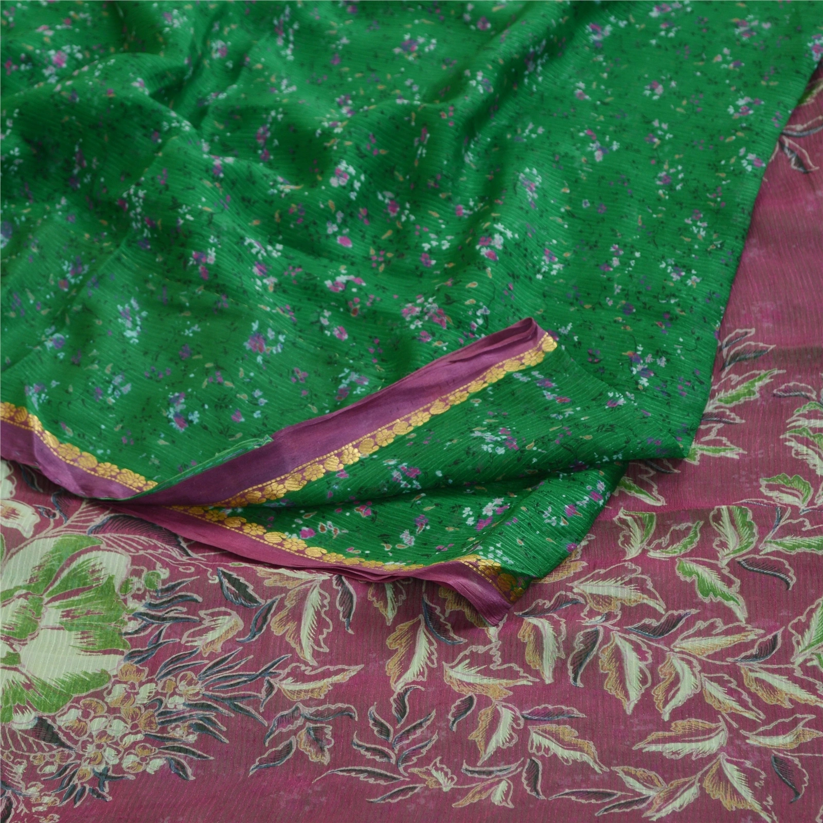 Sanskriti Vintage Green Sarees Pure Chiffon Silk Printed Zari Border Sari Fabric, PRG-11262-Green-Printed Floral Design-Pure Chiffon Silk-9