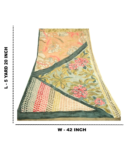 Sanskriti Vintage Green Sarees Pure Georgette Silk Printed Sari 5Yd Craft Fabric, PRG-11263-Green-Printed Floral Design-Pure Georgette Silk-3