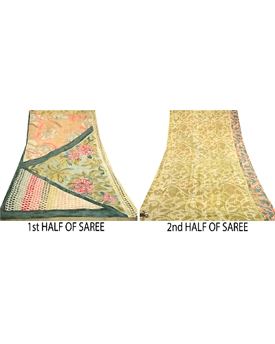 Sanskriti Vintage Green Sarees Pure Georgette Silk Printed Sari 5Yd Craft Fabric, PRG-11263-Green-Printed Floral Design-Pure Georgette Silk-5