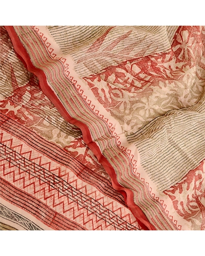 Sanskriti Vintage Sarees Red Pure Georgette Silk Printed Sari Soft Craft Fabric, PRG-12288-Red-Printed Floral Design-Pure Georgette Silk-1
