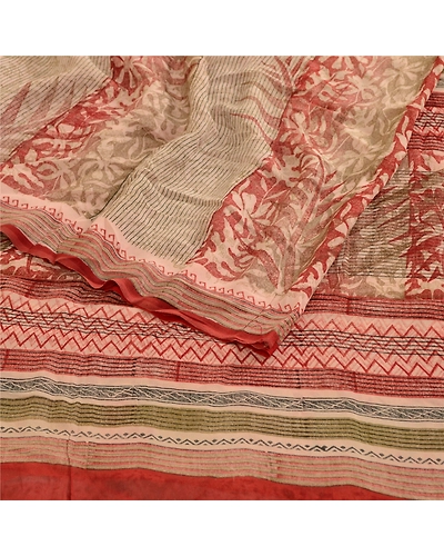 Sanskriti Vintage Sarees Red Pure Georgette Silk Printed Sari Soft Craft Fabric, PRG-12288-Red-Printed Floral Design-Pure Georgette Silk-8