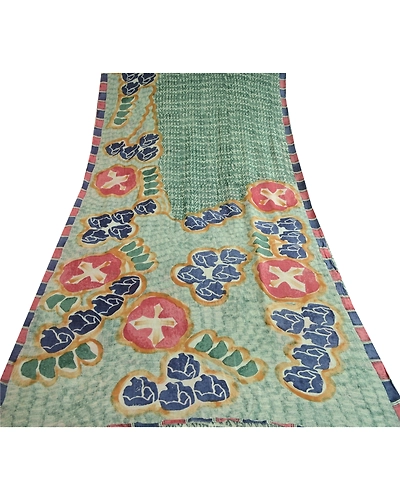 Sanskriti Vintage Sarees Green Pure Georgette Silk Printed Sari 5Yd Craft Fabric, PRG-12296-Green-Printed Floral Design-Pure Georgette Silk-8