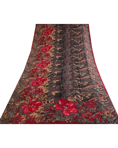 Sanskriti Vintage Sarees Black Pure Georgette Silk Printed Sari 5Yd Craft Fabric, PRG-12298-Black-Printed Floral Design-Pure Georgette Silk-8