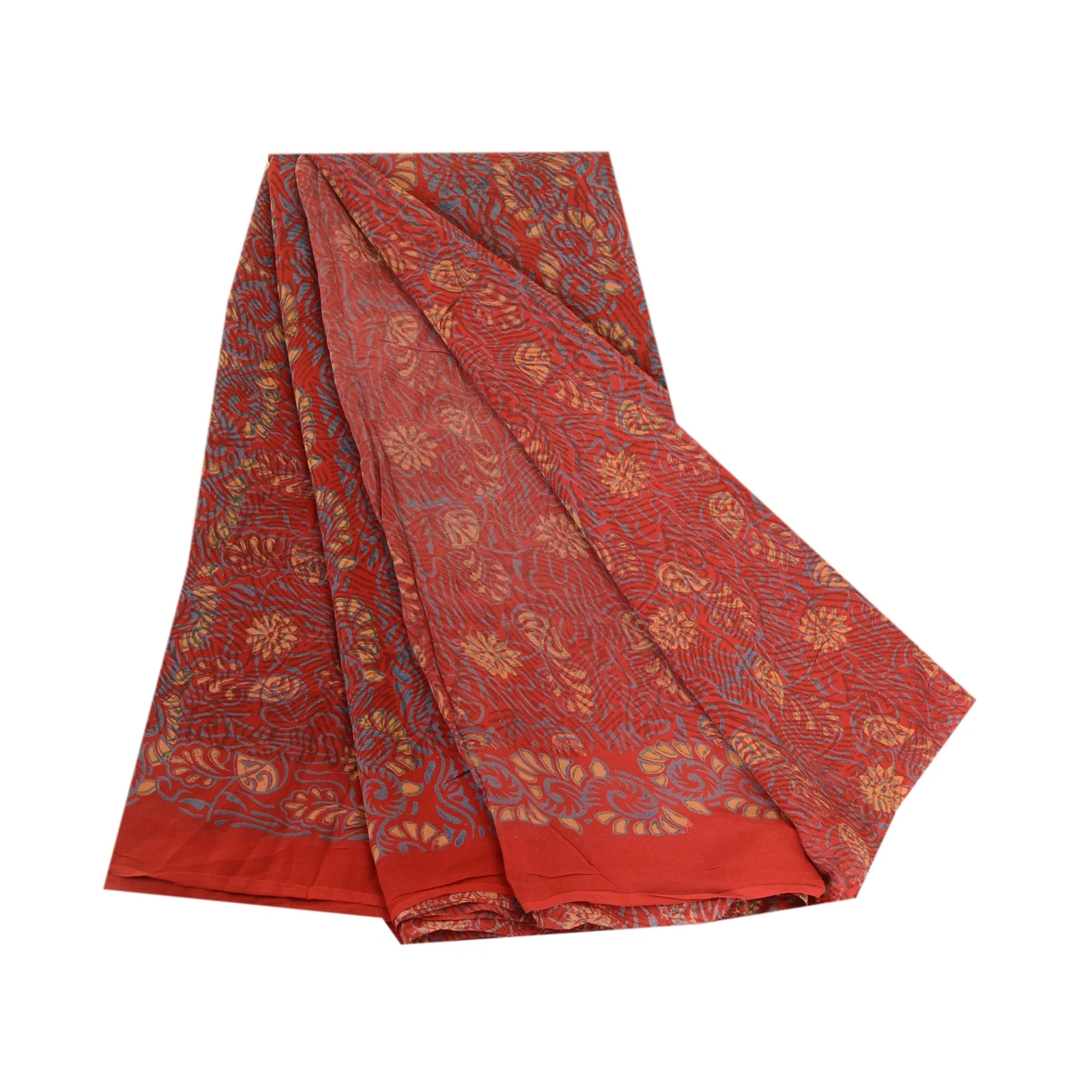 Sanskriti Vintage Sarees Red Pure Georgette Silk Printed Sari 5Yd Craft Fabric, PRG-12308-Red-Printed Floral Design-Pure Georgette Silk-2