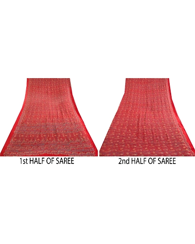 Sanskriti Vintage Sarees Red Pure Georgette Silk Printed Sari 5Yd Craft Fabric, PRG-12308-Red-Printed Floral Design-Pure Georgette Silk-5