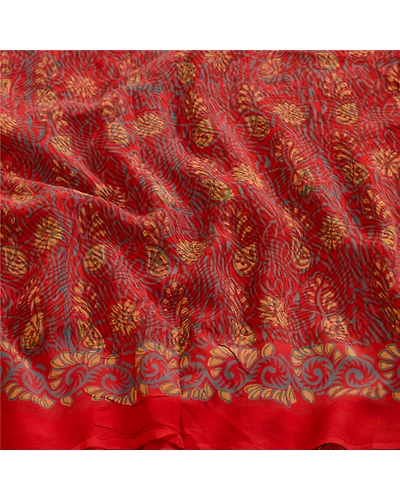 Sanskriti Vintage Sarees Red Pure Georgette Silk Printed Sari 5Yd Craft Fabric, PRG-12308-Red-Printed Floral Design-Pure Georgette Silk-6