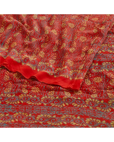 Sanskriti Vintage Sarees Red Pure Georgette Silk Printed Sari 5Yd Craft Fabric, PRG-12308-Red-Printed Floral Design-Pure Georgette Silk-7