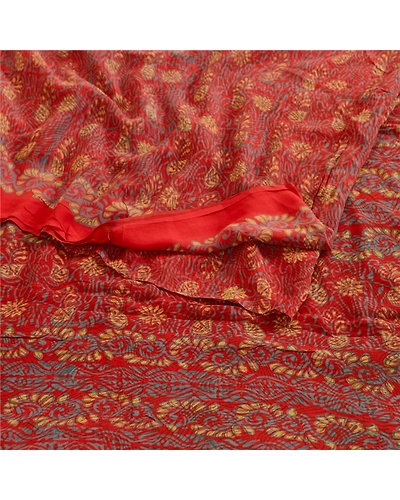 Sanskriti Vintage Sarees Red Pure Georgette Silk Printed Sari 5Yd Craft Fabric, PRG-12308-Red-Printed Floral Design-Pure Georgette Silk-9