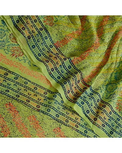 Sanskriti Vintage Sarees Green Pure Georgette Silk Block Print Sari Craft Fabric, PRG-12312-Green-Printed Floral Design-Pure Georgette Silk-1