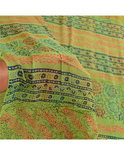 Sanskriti Vintage Sarees Green Pure Georgette Silk Block Print Sari Craft Fabric, PRG-12312-Green-Printed Floral Design-Pure Georgette Silk-4