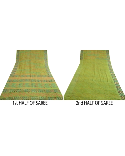 Sanskriti Vintage Sarees Green Pure Georgette Silk Block Print Sari Craft Fabric, PRG-12312-Green-Printed Floral Design-Pure Georgette Silk-5