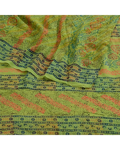 Sanskriti Vintage Sarees Green Pure Georgette Silk Block Print Sari Craft Fabric, PRG-12312-Green-Printed Floral Design-Pure Georgette Silk-7