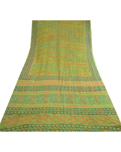 Sanskriti Vintage Sarees Green Pure Georgette Silk Block Print Sari Craft Fabric, PRG-12312-Green-Printed Floral Design-Pure Georgette Silk-8