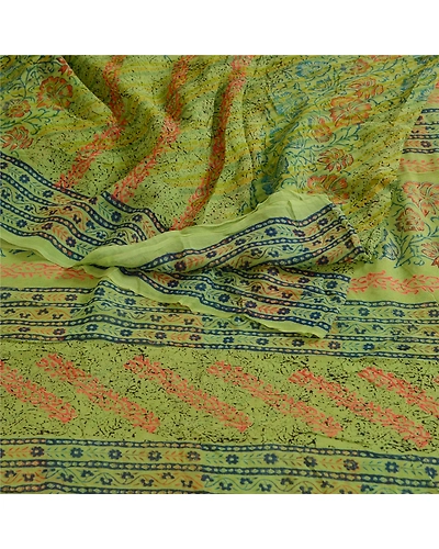 Sanskriti Vintage Sarees Green Pure Georgette Silk Block Print Sari Craft Fabric, PRG-12312-Green-Printed Floral Design-Pure Georgette Silk-9