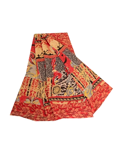 Sanskriti Vintage Sarees Red Pure Georgette Silk Printed Sari 5Yd Craft Fabric, PRG-12313-Red-Printed Floral Design-Pure Georgette Silk-2
