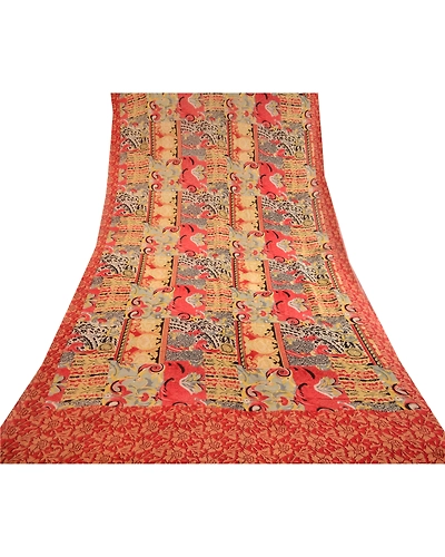 Sanskriti Vintage Sarees Red Pure Georgette Silk Printed Sari 5Yd Craft Fabric, PRG-12313-Red-Printed Floral Design-Pure Georgette Silk-9