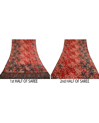 Sanskriti Vintage Sarees Red Printed Pure Georgette Silk Sari Soft Craft Fabric, PRG-12329-Red-Printed Floral Design-Pure Georgette Silk-5