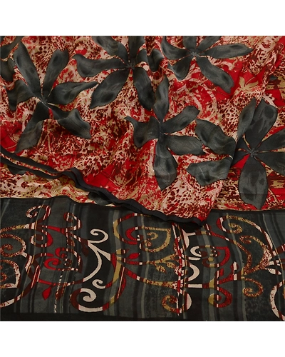 Sanskriti Vintage Sarees Red Printed Pure Georgette Silk Sari Soft Craft Fabric, PRG-12329-Red-Printed Floral Design-Pure Georgette Silk-7