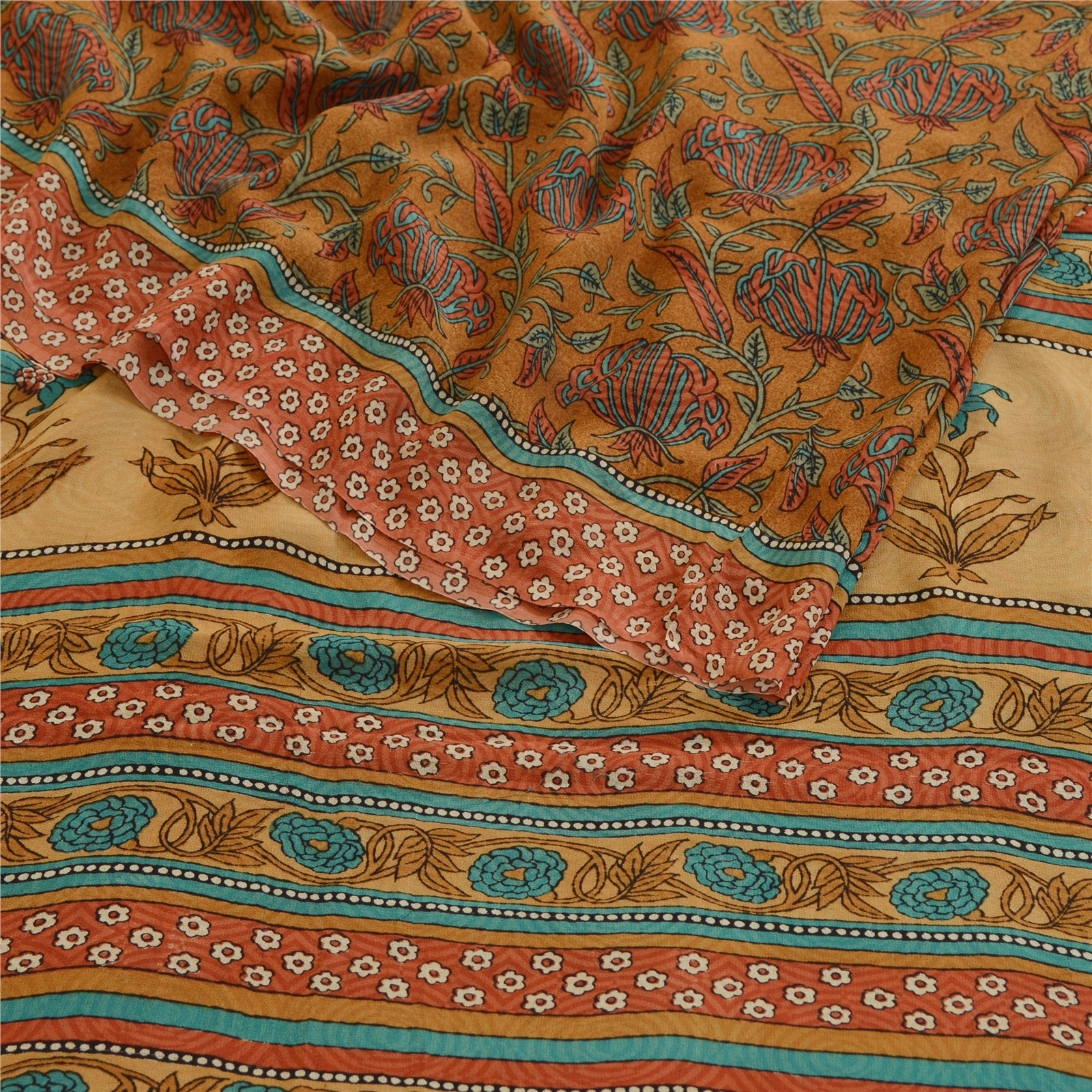 Sanskriti Vintage Sarees Mustard Printed Pure Georgette Silk Sari Craft Fabric, PRG-12331-Mustard-Printed Floral Design-Pure Georgette Silk-7