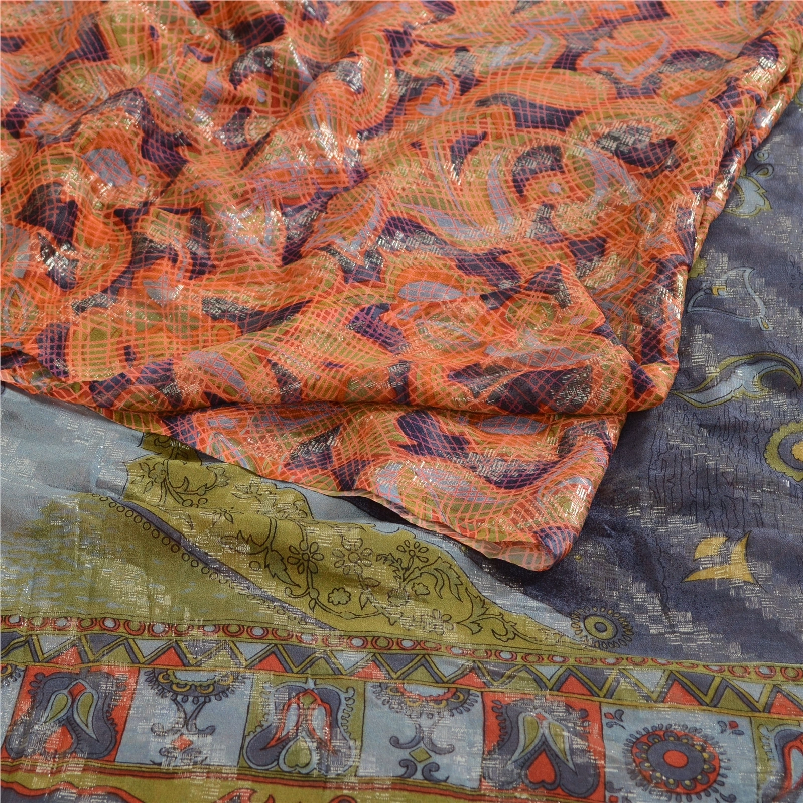 Sanskriti Vintage Sarees Multi Pure Georgette Silk Print Woven Sari Craft Fabric, PRG-12343-Multi-Printed Floral Design-Pure Georgette Silk-9