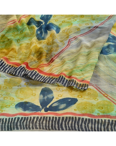 Sanskriti Vintage Sarees Green Pure Georgette Silk Printed Sari 5Yd Craft Fabric, PRG-12350-Green-Printed Floral Design-Pure Georgette Silk-7