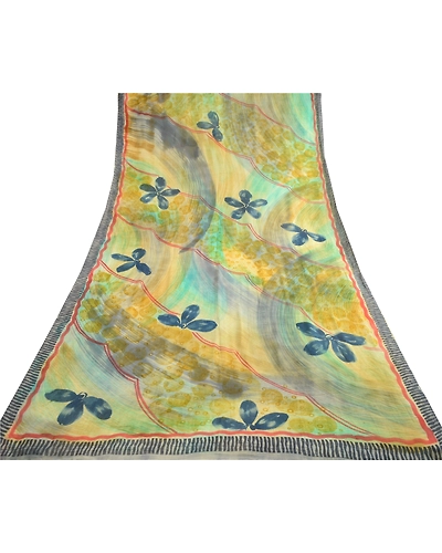 Sanskriti Vintage Sarees Green Pure Georgette Silk Printed Sari 5Yd Craft Fabric, PRG-12350-Green-Printed Floral Design-Pure Georgette Silk-8