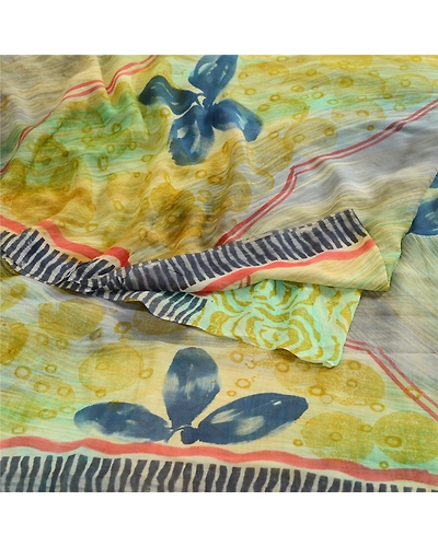 Sanskriti Vintage Sarees Green Pure Georgette Silk Printed Sari 5Yd Craft Fabric, PRG-12350-Green-Printed Floral Design-Pure Georgette Silk-9