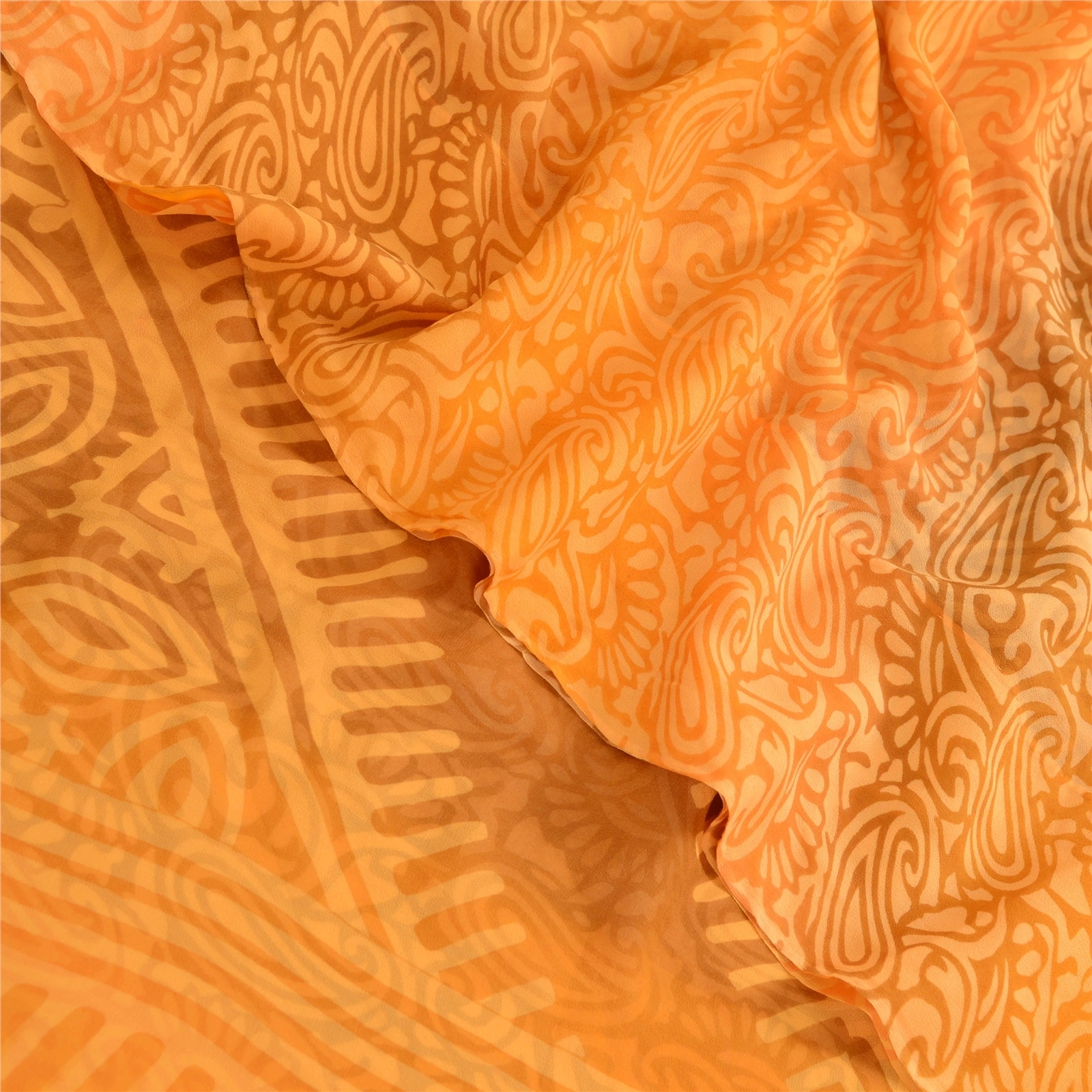 Sanskriti Vintage Sarees Saffron Pure Georgette Silk Printed Sari Craft Fabric, PRG-12352-Saffron-Printed Floral Design-Pure Georgette Silk-1