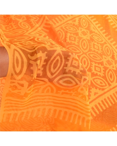 Sanskriti Vintage Sarees Saffron Pure Georgette Silk Printed Sari Craft Fabric, PRG-12352-Saffron-Printed Floral Design-Pure Georgette Silk-5