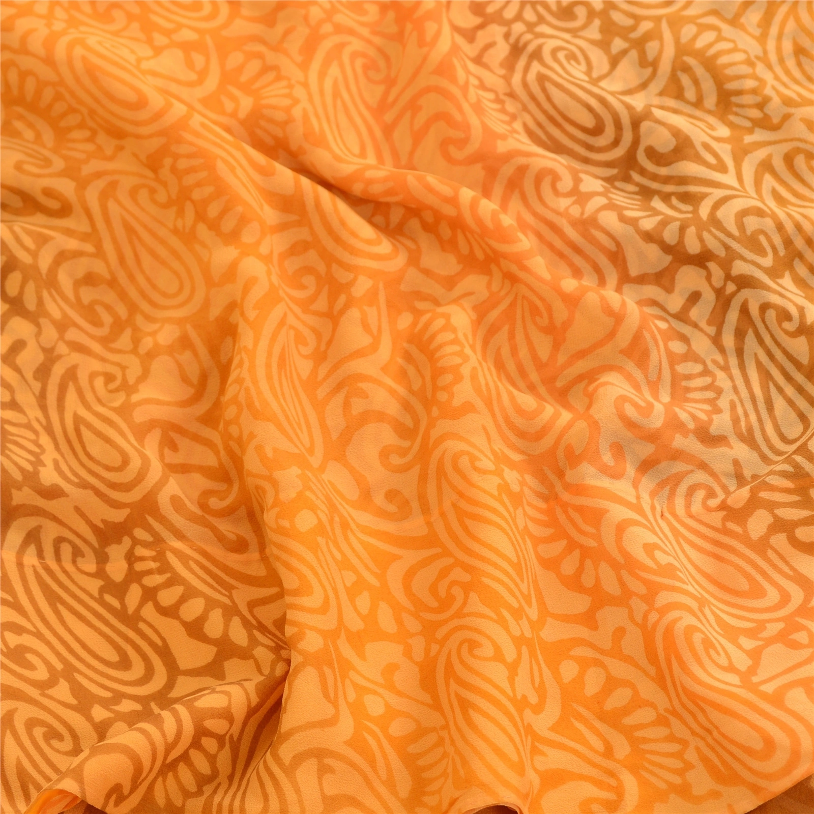 Sanskriti Vintage Sarees Saffron Pure Georgette Silk Printed Sari Craft Fabric, PRG-12352-Saffron-Printed Floral Design-Pure Georgette Silk-7