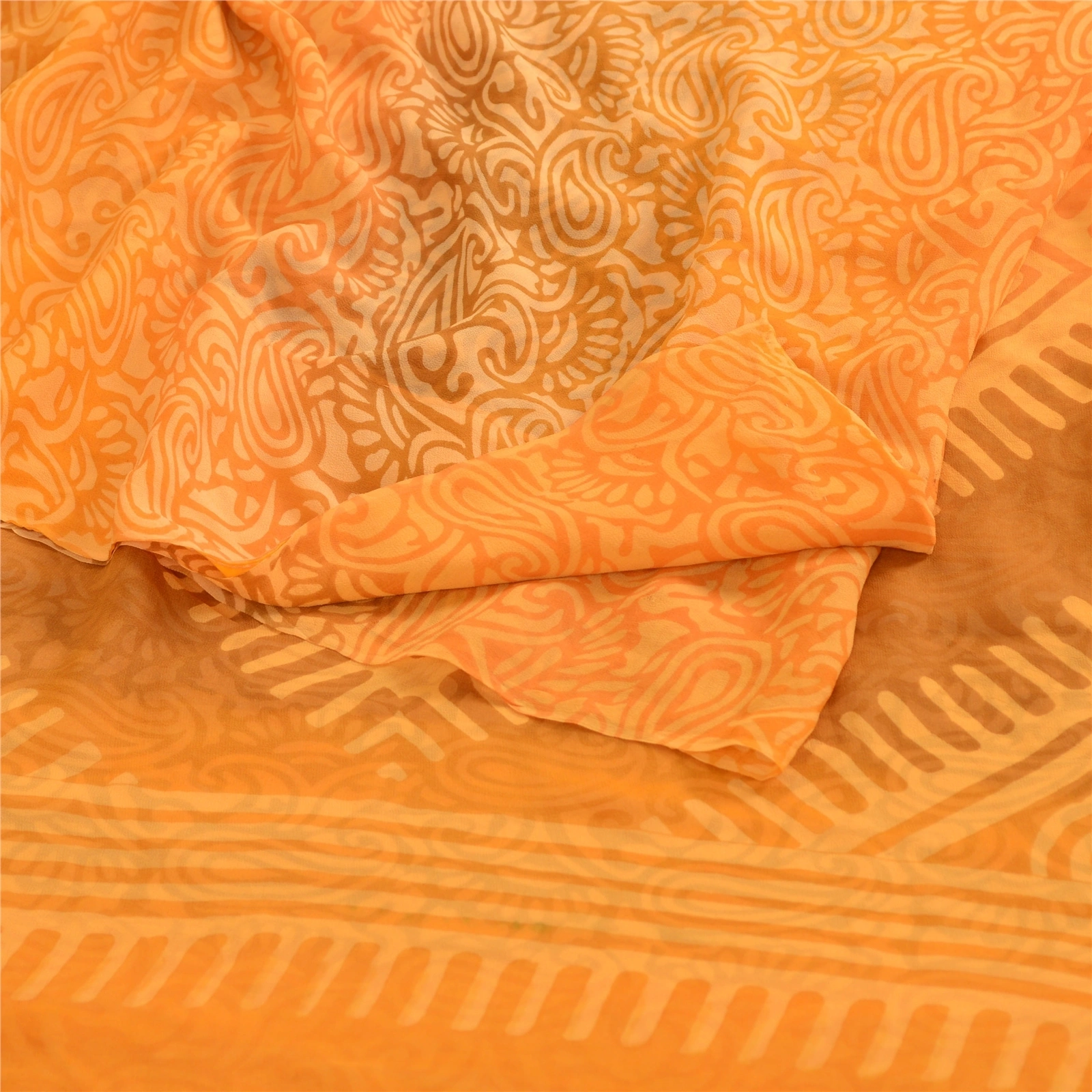 Sanskriti Vintage Sarees Saffron Pure Georgette Silk Printed Sari Craft Fabric, PRG-12352-Saffron-Printed Floral Design-Pure Georgette Silk-10