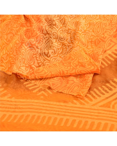 Sanskriti Vintage Sarees Saffron Pure Georgette Silk Printed Sari Craft Fabric, PRG-12352-Saffron-Printed Floral Design-Pure Georgette Silk-10