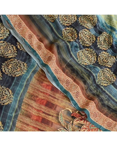 Sanskriti Vintage Sarees From India Green Georgette Printed Sari Craft Fabric, PRG-12355-Green-Printed Floral Design-Poly Georgette-1