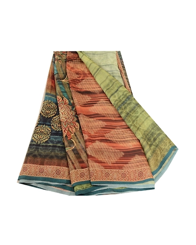 Sanskriti Vintage Sarees From India Green Georgette Printed Sari Craft Fabric, PRG-12355-Green-Printed Floral Design-Poly Georgette-2