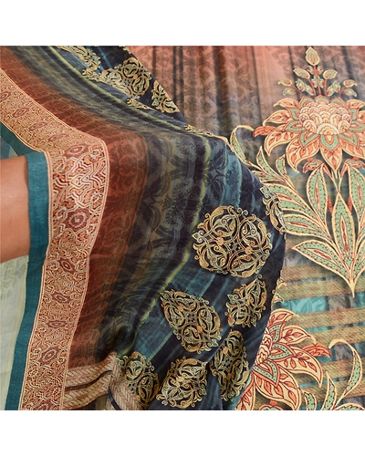 Sanskriti Vintage Sarees From India Green Georgette Printed Sari Craft Fabric, PRG-12355-Green-Printed Floral Design-Poly Georgette-4