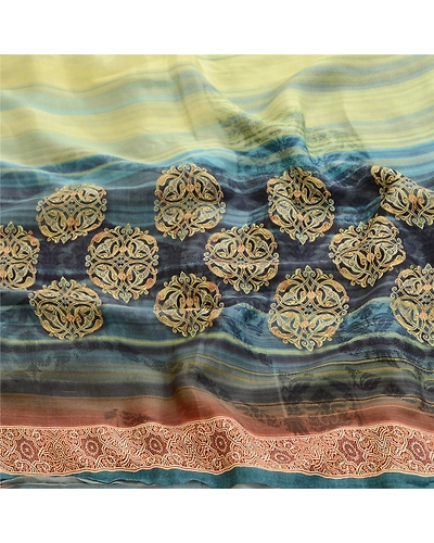 Sanskriti Vintage Sarees From India Green Georgette Printed Sari Craft Fabric, PRG-12355-Green-Printed Floral Design-Poly Georgette-6