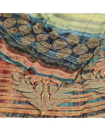 Sanskriti Vintage Sarees From India Green Georgette Printed Sari Craft Fabric, PRG-12355-Green-Printed Floral Design-Poly Georgette-7
