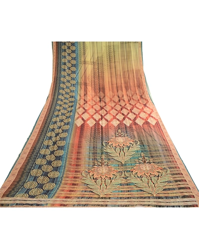 Sanskriti Vintage Sarees From India Green Georgette Printed Sari Craft Fabric, PRG-12355-Green-Printed Floral Design-Poly Georgette-8
